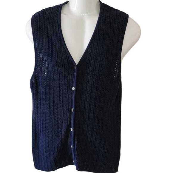 Lands End Jackets & Blazers - Lands End VTG 90's Navy Blue Abalone Button Down Sweater Vest Womens Size Medium